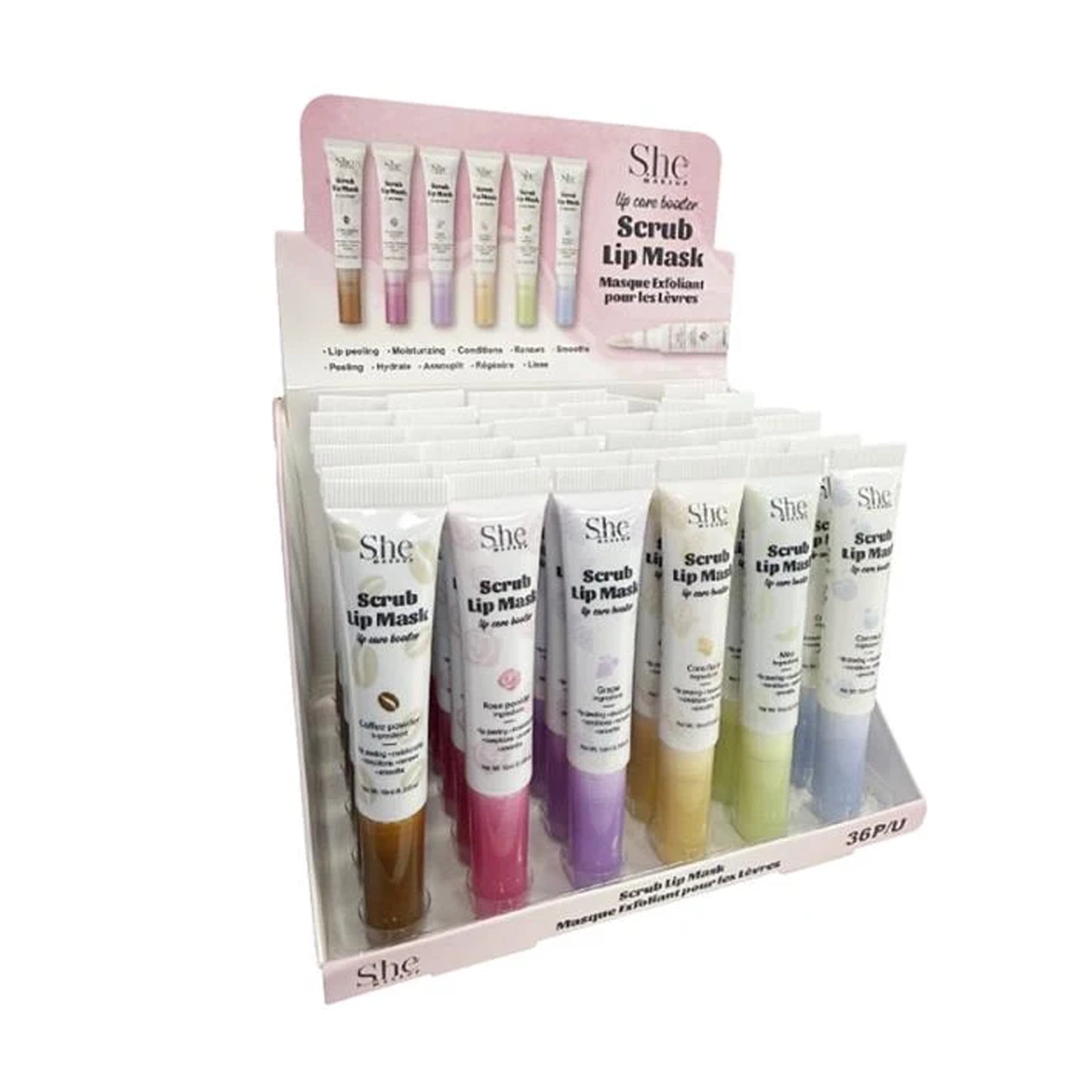 S.he Makeup Lip Care Booster Scrub Lip Mask - Assorted Exfoliating Flavors - 36pcs Display