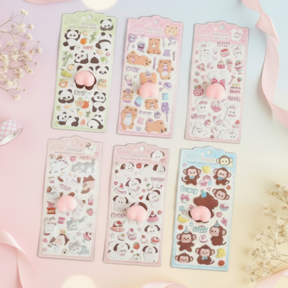 Kawaii 3D Decompression Squishy Animal Sticker Set – 12 Pcs Bulk Cute Animal Sheets for Scrapbooks & Laptops (LST31)