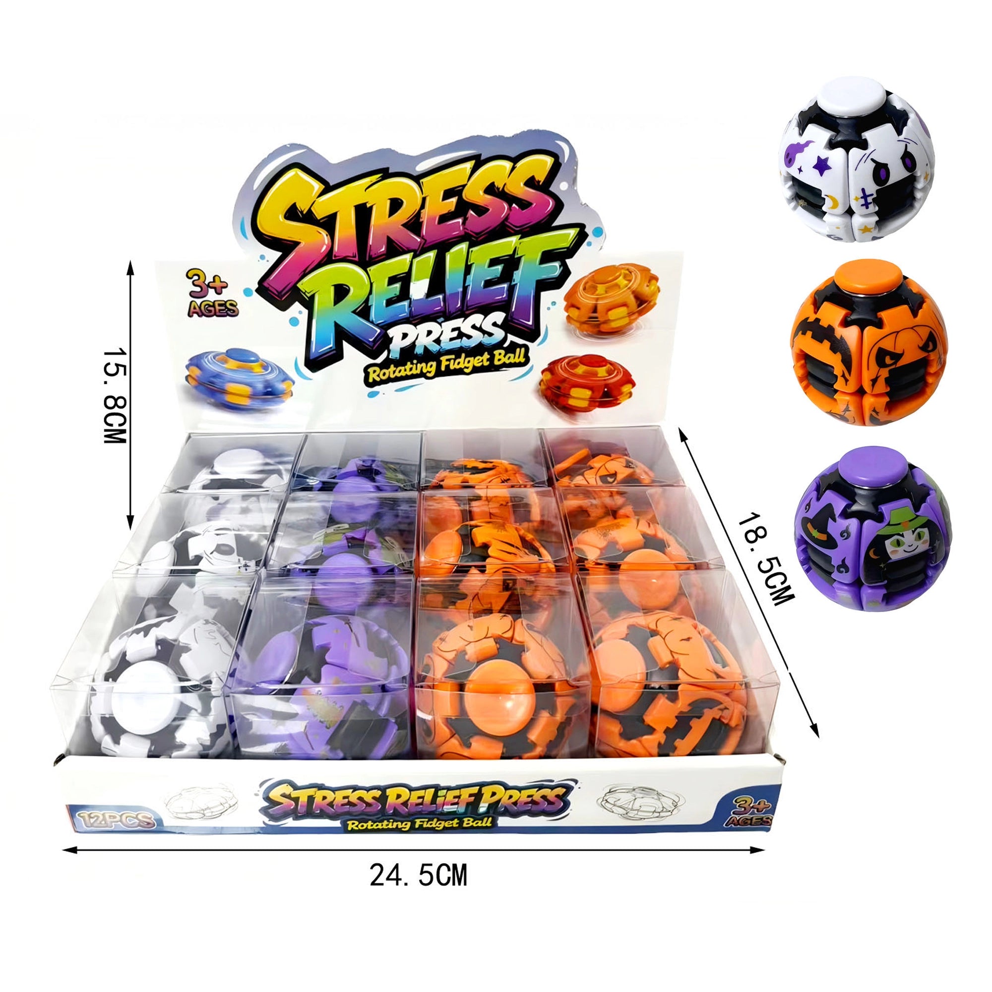 Halloween Rotating Fidget Ball Toy Display Box (12-Piece Set) – Stress Relief Press & Spinner Ball for Kids & Adults (LT169)