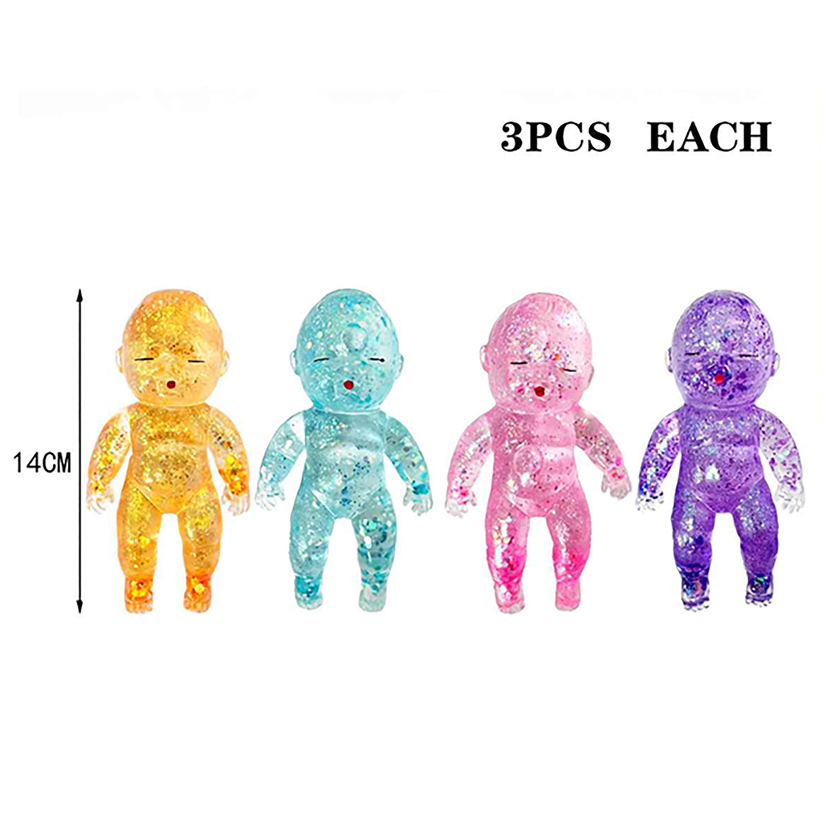 Glitter Baby Squishy Sensory Toys – Translucent Stretchy Stress Relief Doll Figures (14 cm, Assorted Colors, 12 Pcs (LT177)