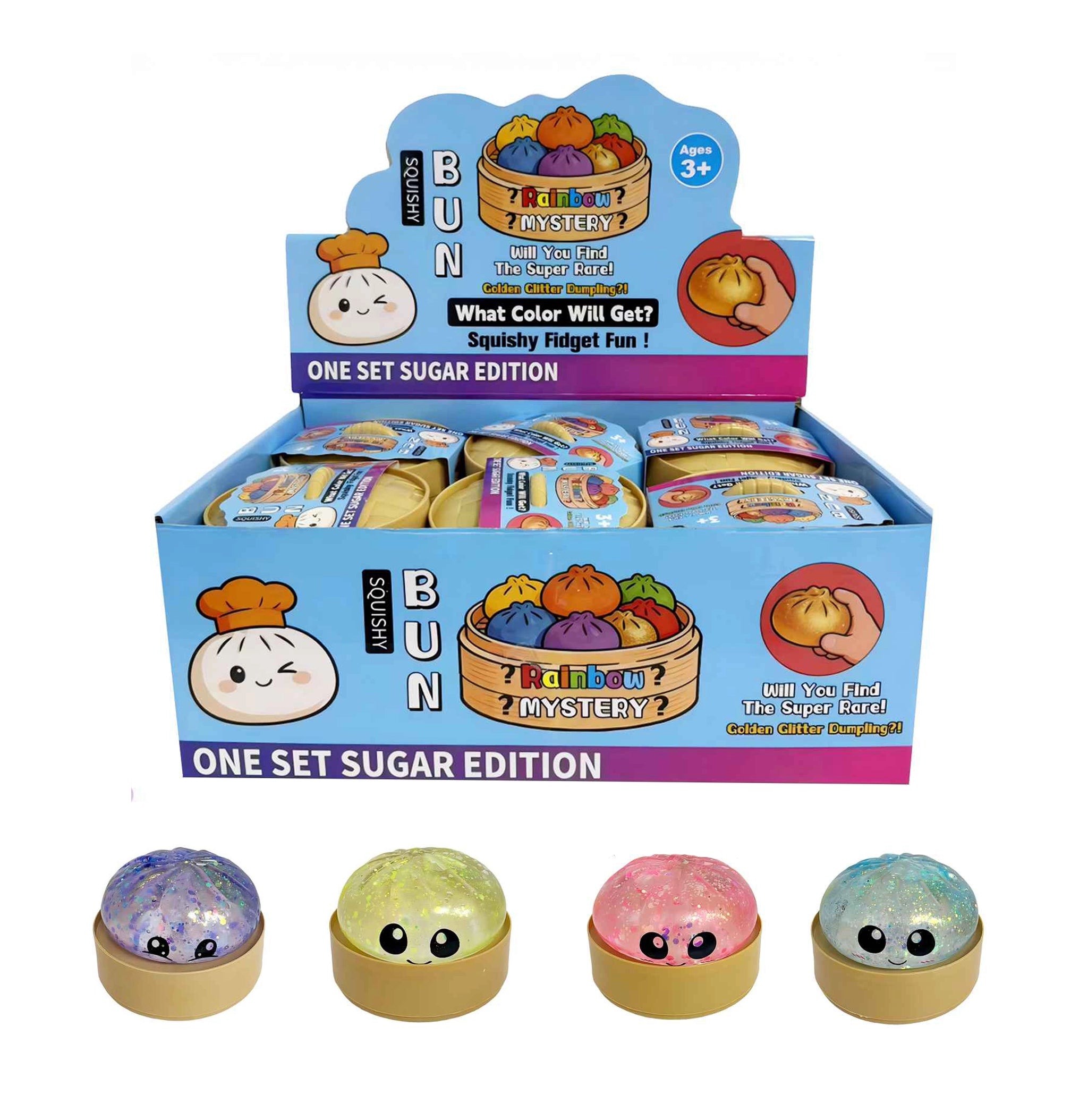 Squishy Bun Sugar Edition Fidget Toy – 3-Piece Rainbow Mystery Glitter Dumpling Set, Sensory Stress Relief Toy