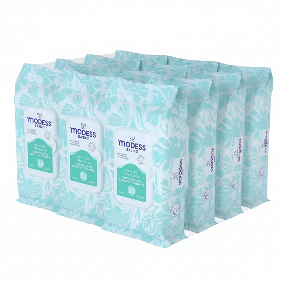 Modess Basics Feminine Wipes Fresh Scent, Flushable Wet Wipes for Women, 32 Count (Pack of 12)