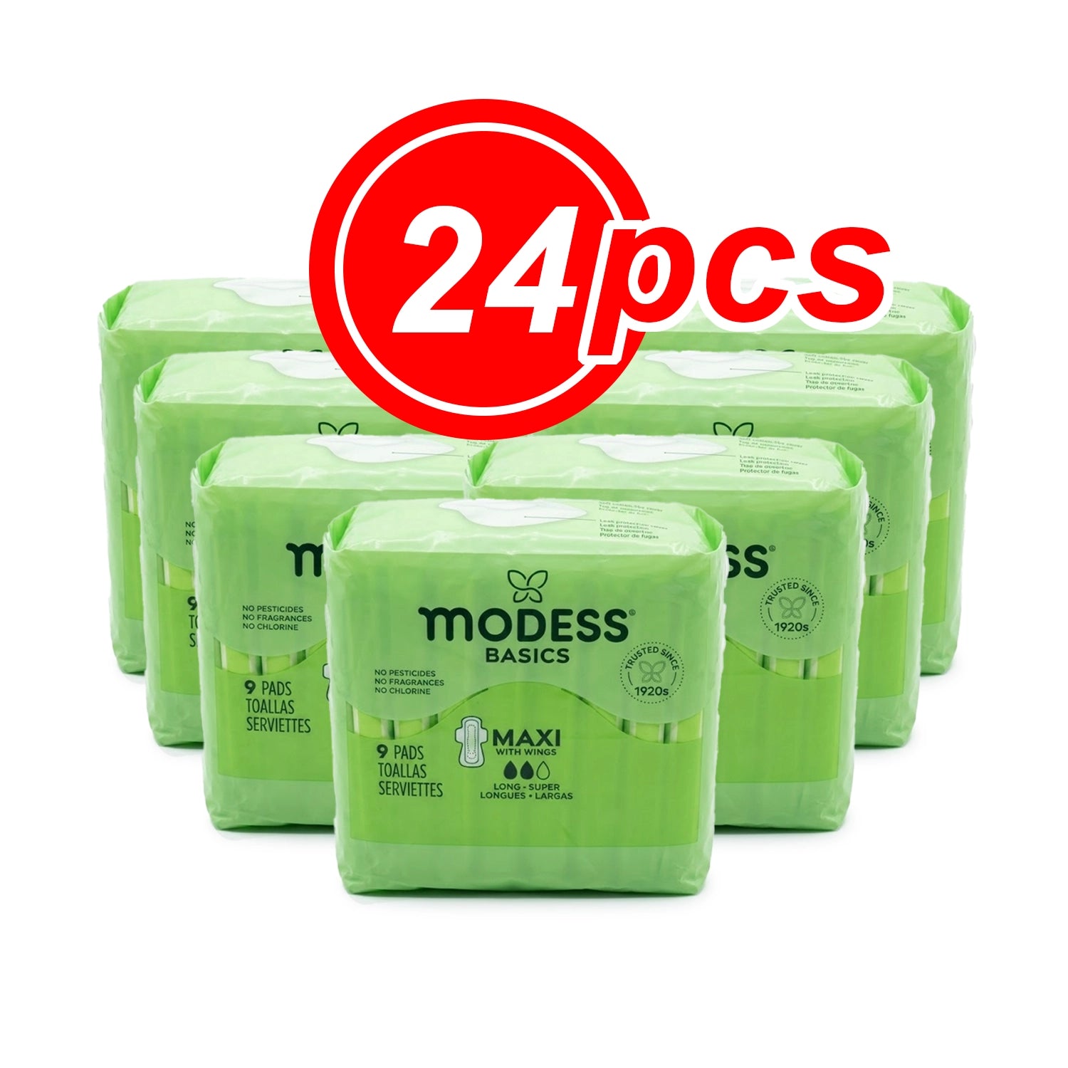 Modess Basics Maxi Sanitary Pads with Wings, Long Super Absorbency (9 Count) – Fragrance-Free