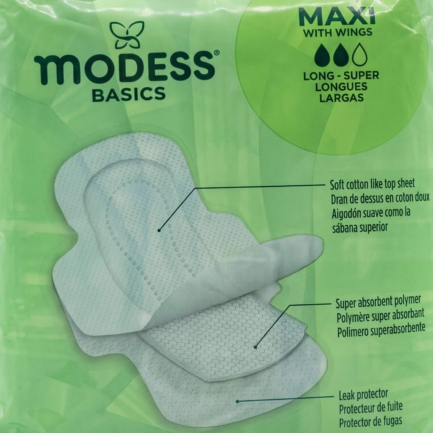 Modess Basics Maxi Sanitary Pads with Wings, Long Super Absorbency (9 Count) – Fragrance-Free