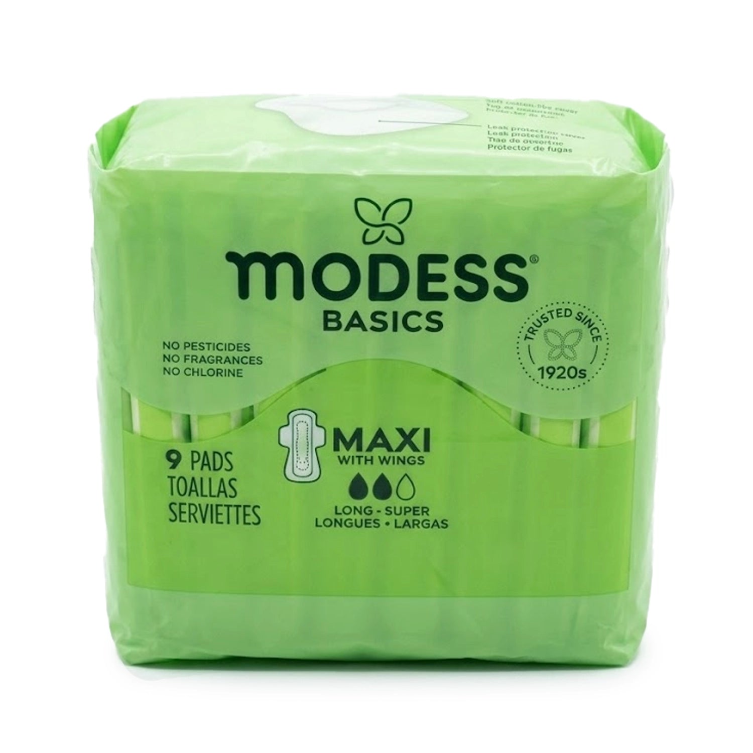 Modess Basics Maxi Sanitary Pads with Wings, Long Super Absorbency (9 Count) – Fragrance-Free