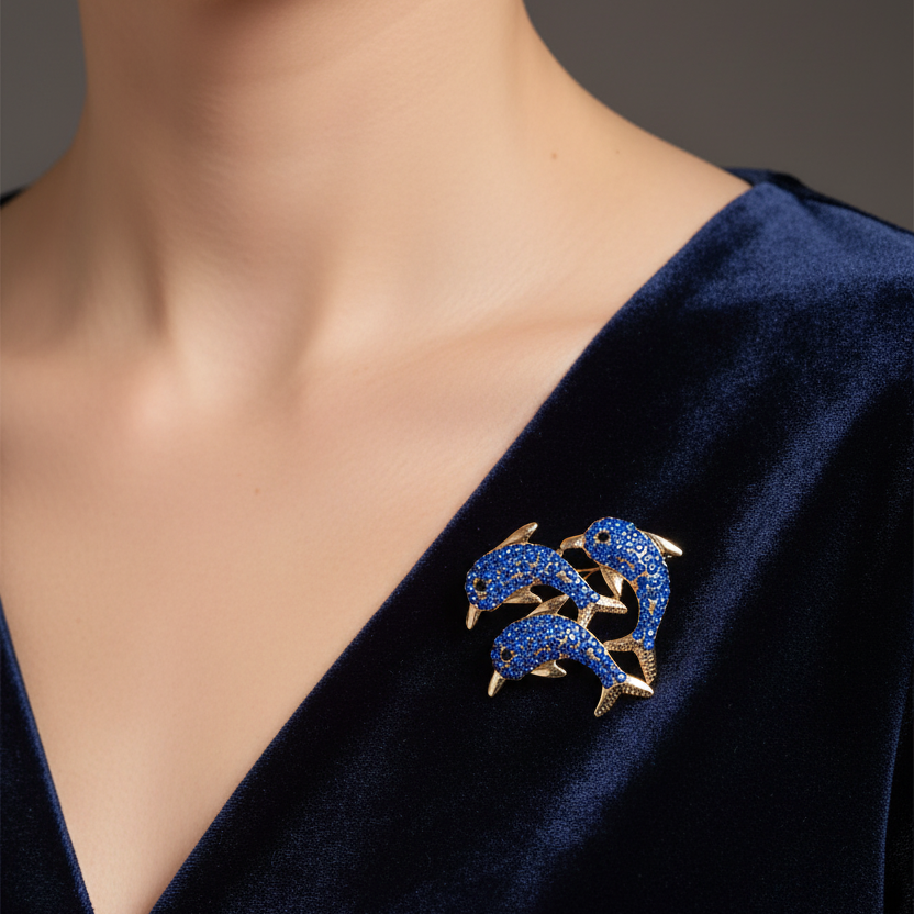 Vintage-Style Rhinestone Triple Dolphin Brooch – 4.5cm Crystal Animal Shawl Pin (MBC-0354)