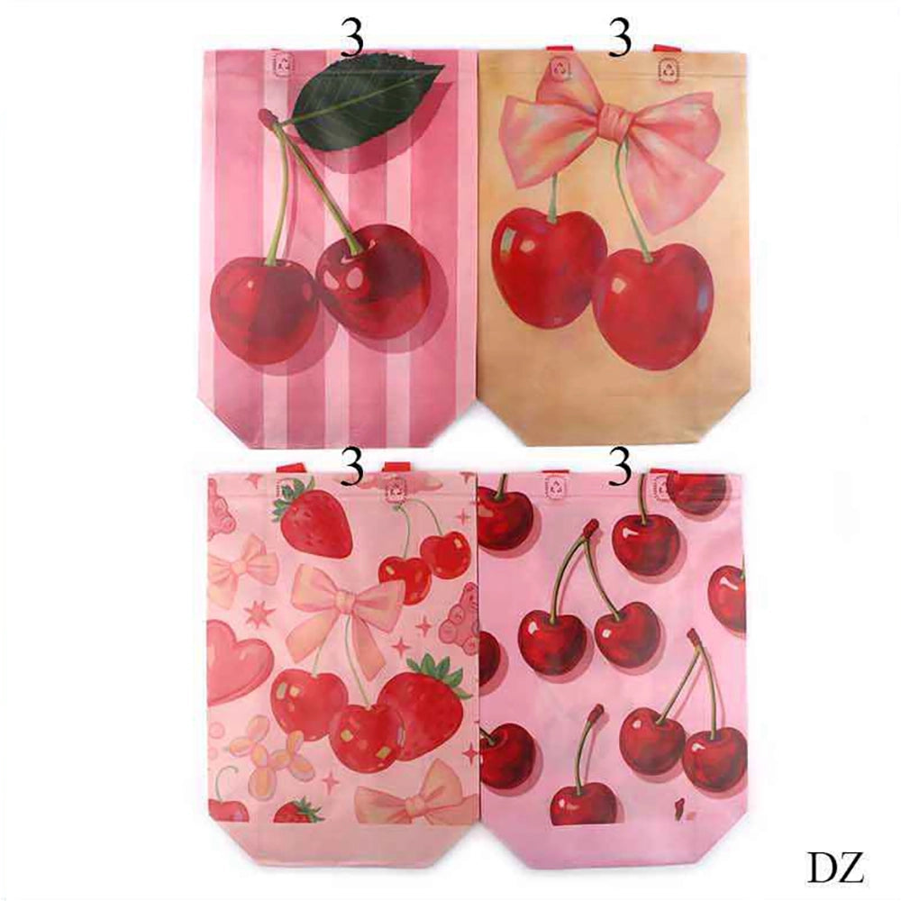 12pk Reusable Cherry & Strawberry Gift Tote Bags with Handles (32 x 26 x 10 cm) – Cute Pink Fruit Print Shopping Bag Set (MBG-1527)