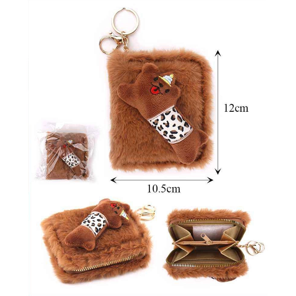 Plush Animal Mini Wallet Keychain - Cute Fluffy Zippered Coin Pouch (MBG-1631)