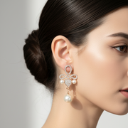 Crystal Heart & Infinity Loop Drop Earrings with Pearl Accents (MER-6956)
