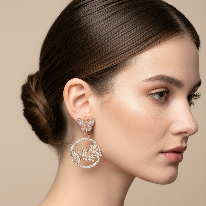 Crystal-Accented Butterfly & Floral Hoop Drop Earrings (MER-6967)