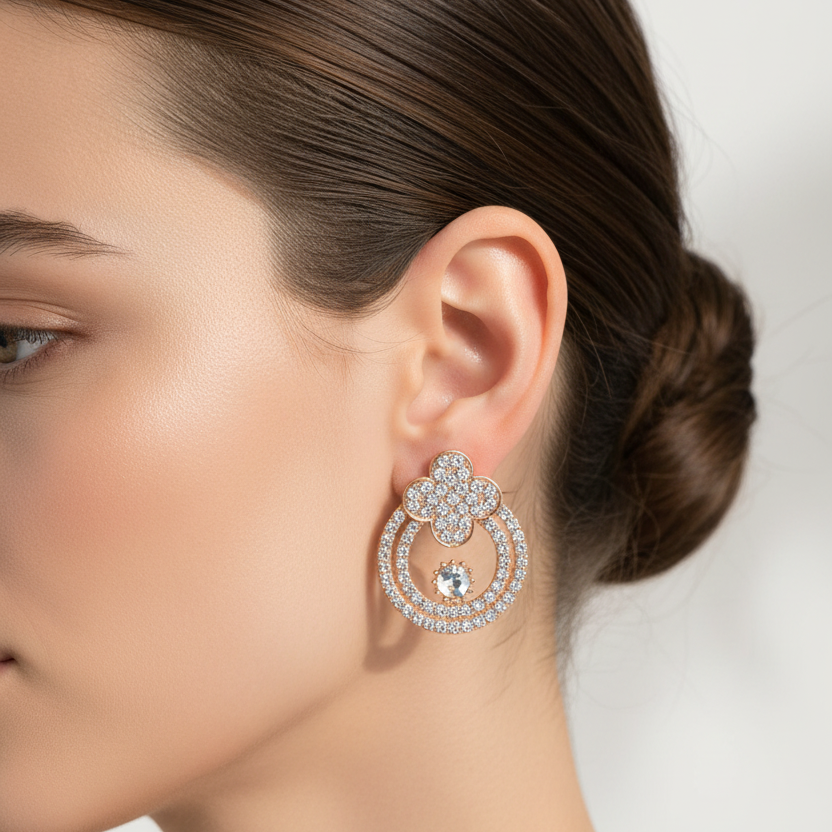 Crystal Clover Halo Stud Earrings - Elegant Gold & Silver Costume Jewelry (MER-6977)