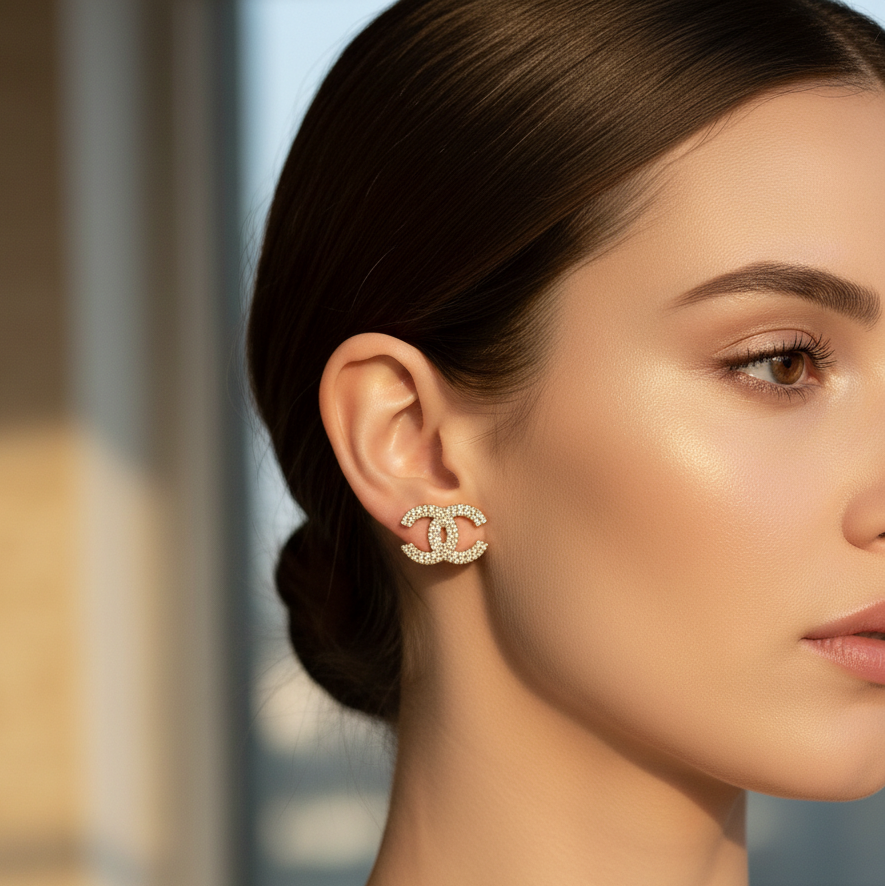 Crystal Interlocking C Stud Earrings - Sparkling Fashion Jewelry (MER-7048)