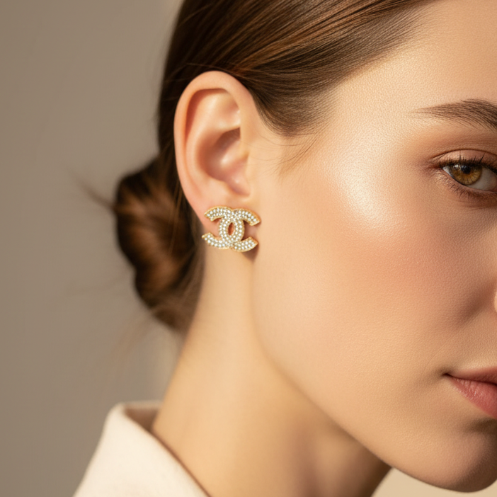 Elegant Crystal-Encrusted Double C Stud Earrings – 2.2cm Geometric Fashion Jewelry in Gold and Silver Tones (MER-7049)