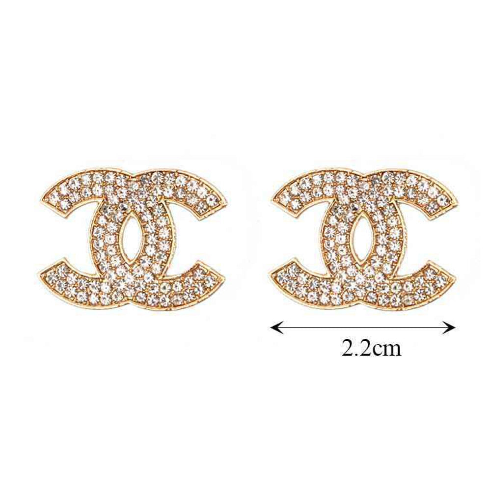 Elegant Crystal-Encrusted Double C Stud Earrings – 2.2cm Geometric Fashion Jewelry in Gold and Silver Tones (MER-7049)