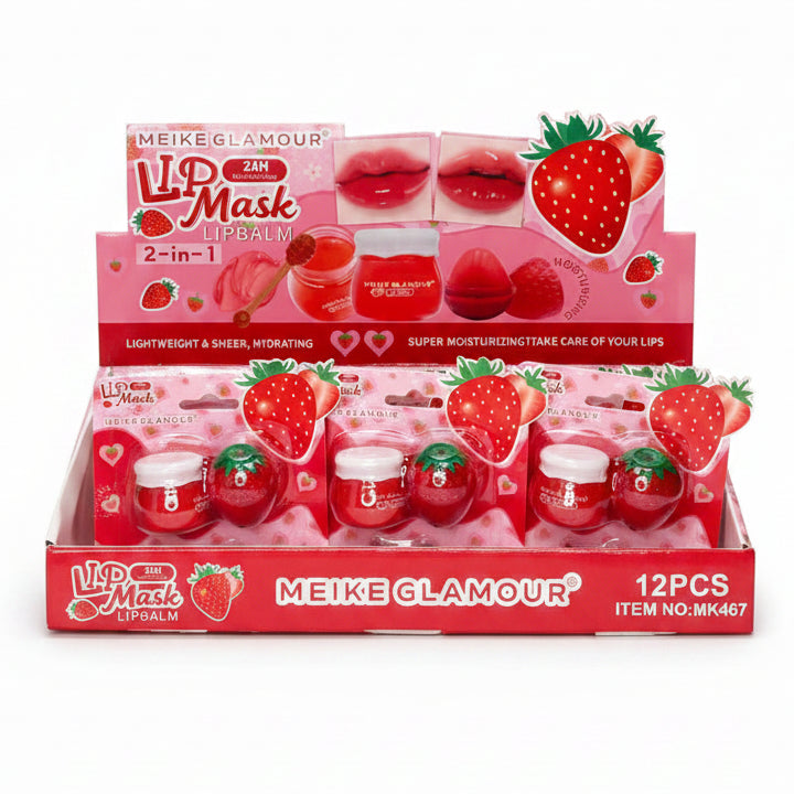 MEIKE GLAMOUR 2-in-1 Strawberry Lip Mask & Lip Balm Set (12-Piece Display Box) | Hydrating, Lightweight & Super Moisturizing Lip Care (MK467)