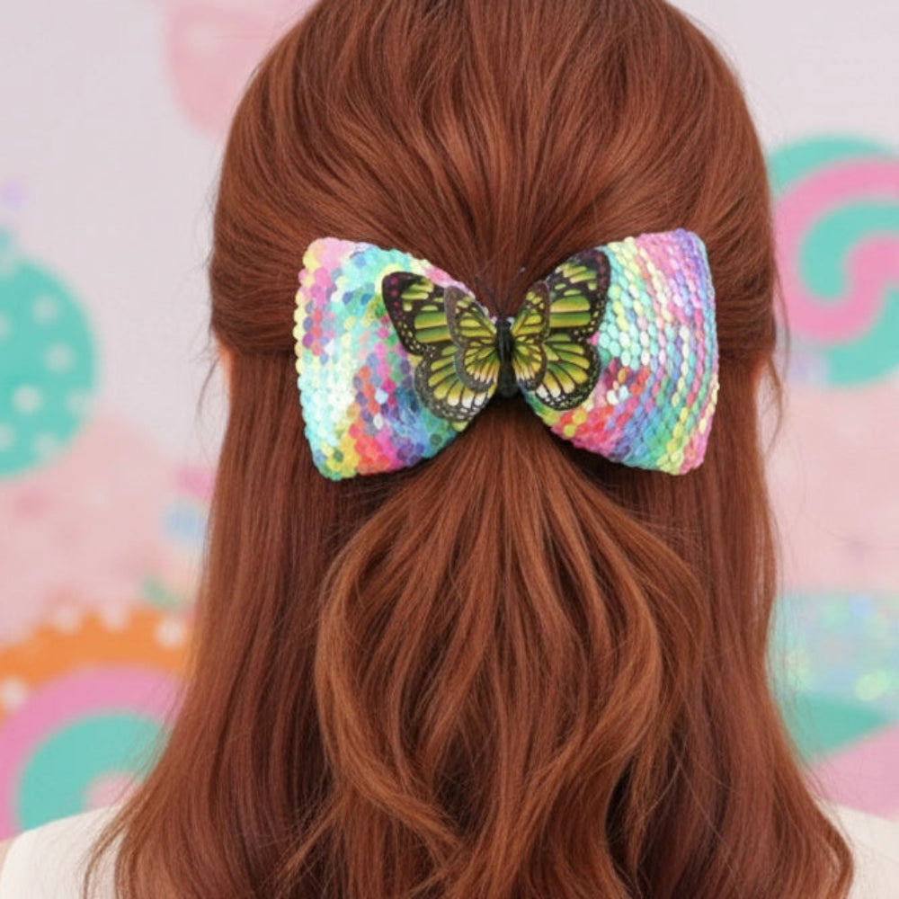 Jumbo Iridescent Sequin Bow Clip with 3D Butterfly | Sparkling Rainbow Hair Accessory