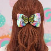 Jumbo Iridescent Sequin Bow Clip with 3D Butterfly | Sparkling Rainbow Hair Accessory