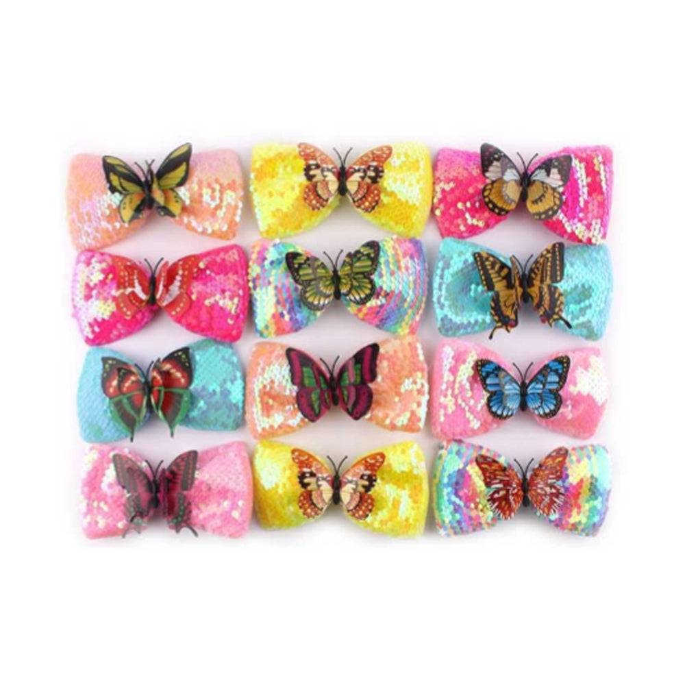 Jumbo Iridescent Sequin Bow Clip with 3D Butterfly | Sparkling Rainbow Hair Accessory