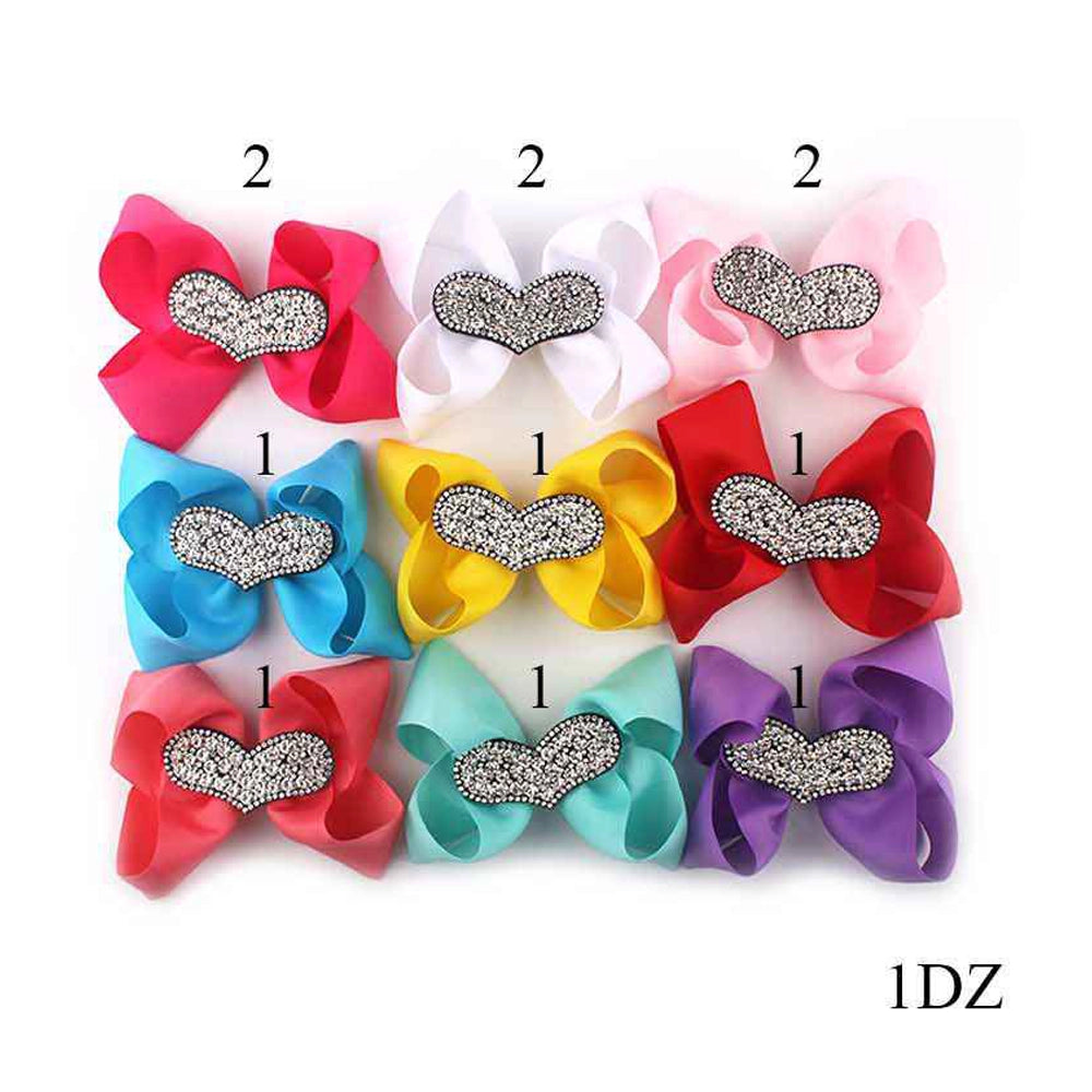 Rhinestone Heart Hair Bows – 14cm Boutique Style (1 Dozen Set)