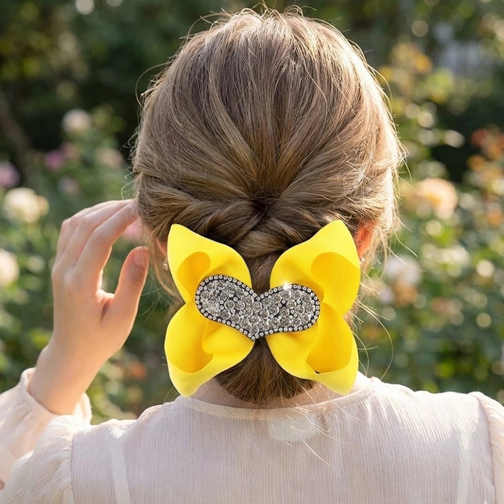 Rhinestone Heart Hair Bows – 14cm Boutique Style (1 Dozen Set)