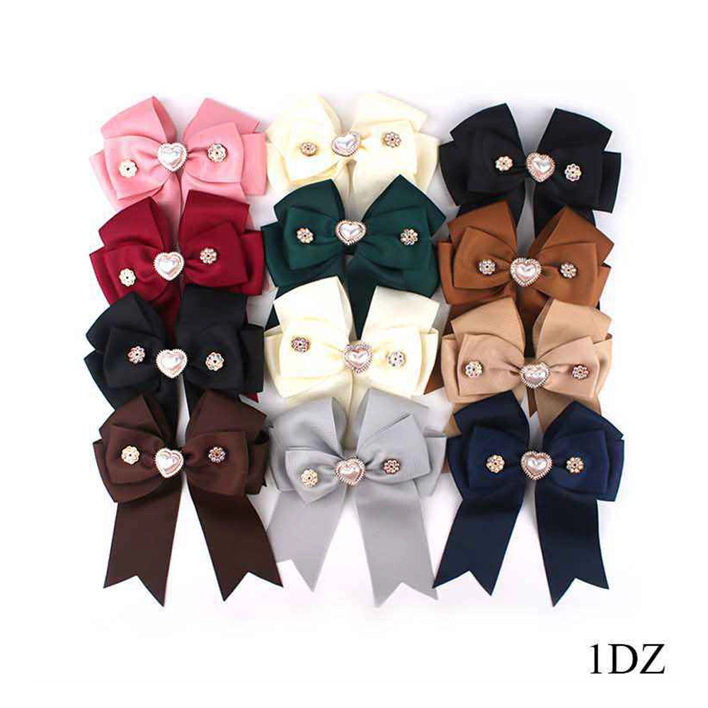 14cm Large Grosgrain Hair Bows for Girls - Pearl Heart & Rhinestone Ribbon Clips - Boutique Style School & Party Hair Accessories