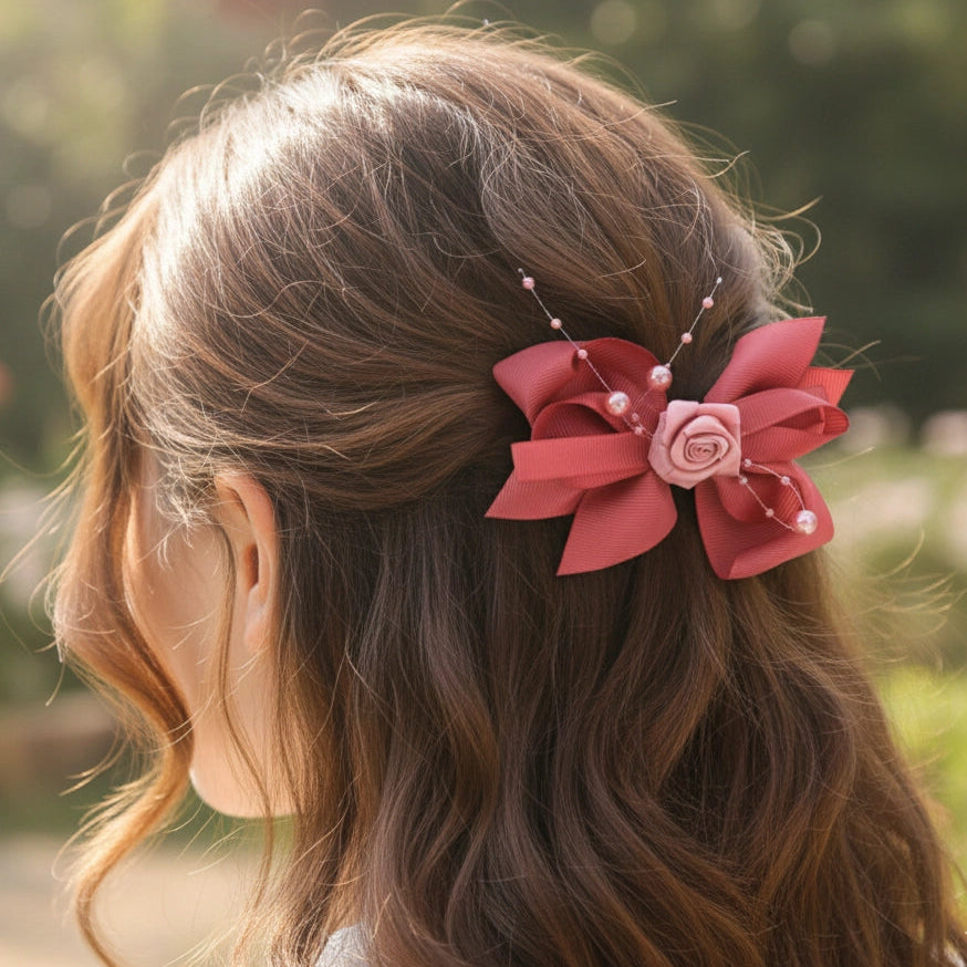 Elegant 9cm Grosgrain Floral Bow Hair Clip with Faux Pearl Accents (MKC-4696F12)