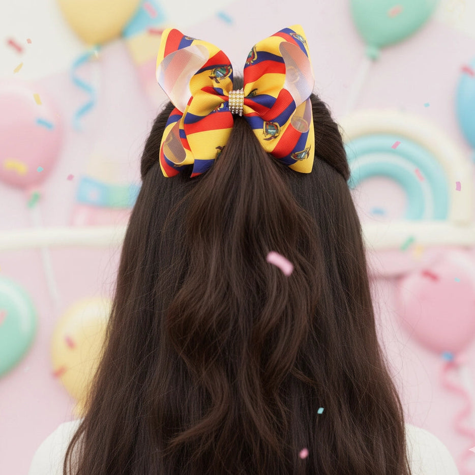 Ecuador Flag Oversized Grosgrain Hair Bow with Rhinestone Center