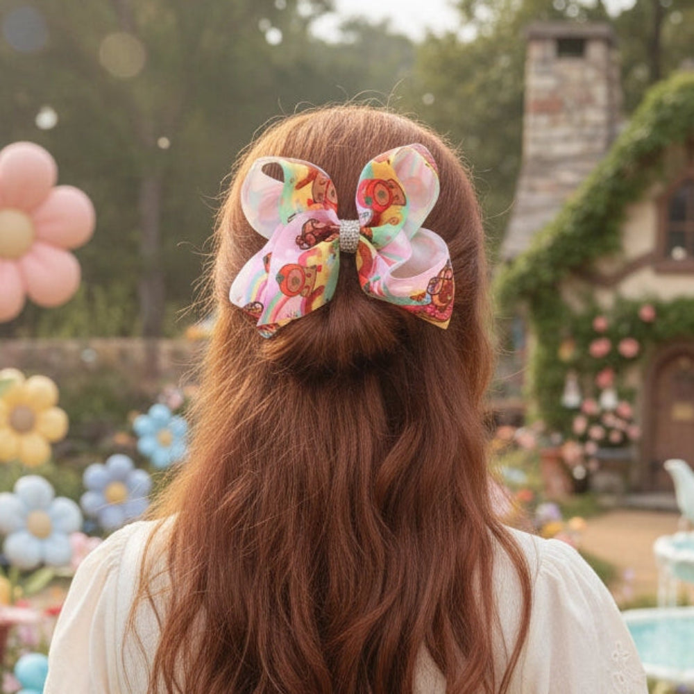 Ultra-Oversized 15CM Cartoon Treat Print Bow Clip with Rhinestone Center - Kawaii Pop Statement