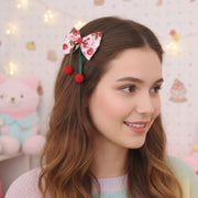 Dainty Cherry Print Hair Bow (9CM) with Plush Pom-Poms - Kawaii Coquette Clip
