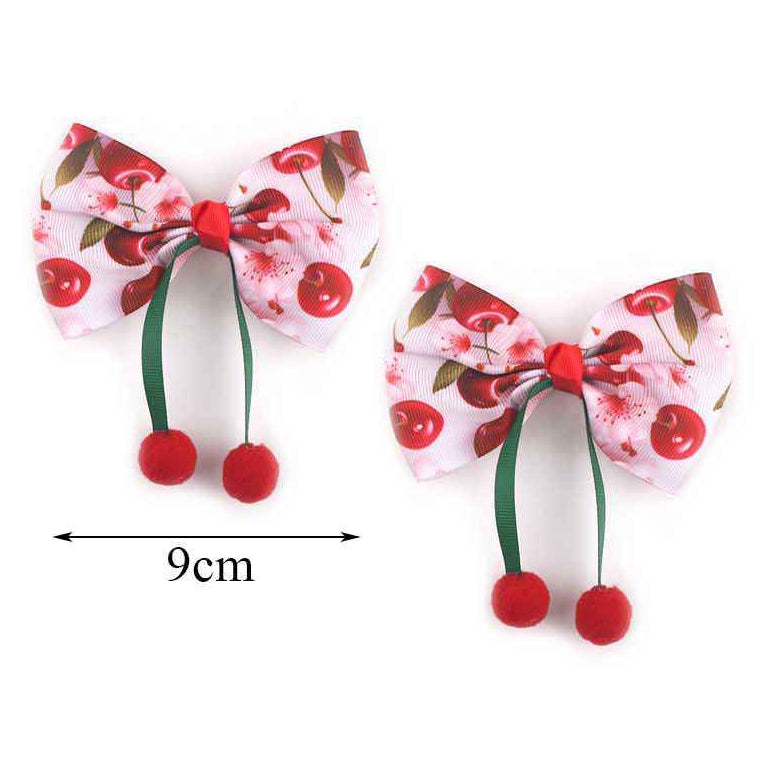 Dainty Cherry Print Hair Bow (9CM) with Plush Pom-Poms - Kawaii Coquette Clip