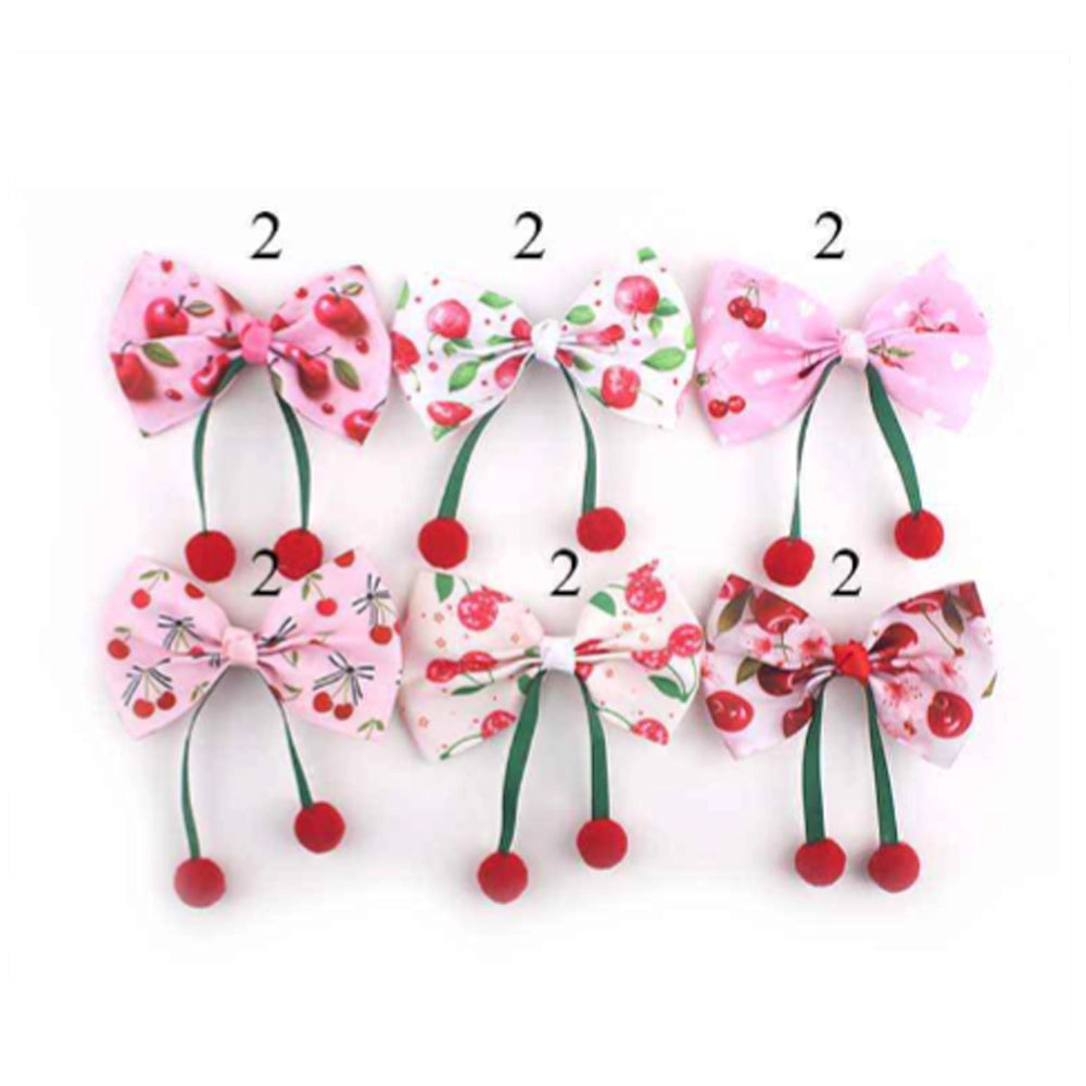 Dainty Cherry Print Hair Bow (9CM) with Plush Pom-Poms - Kawaii Coquette Clip