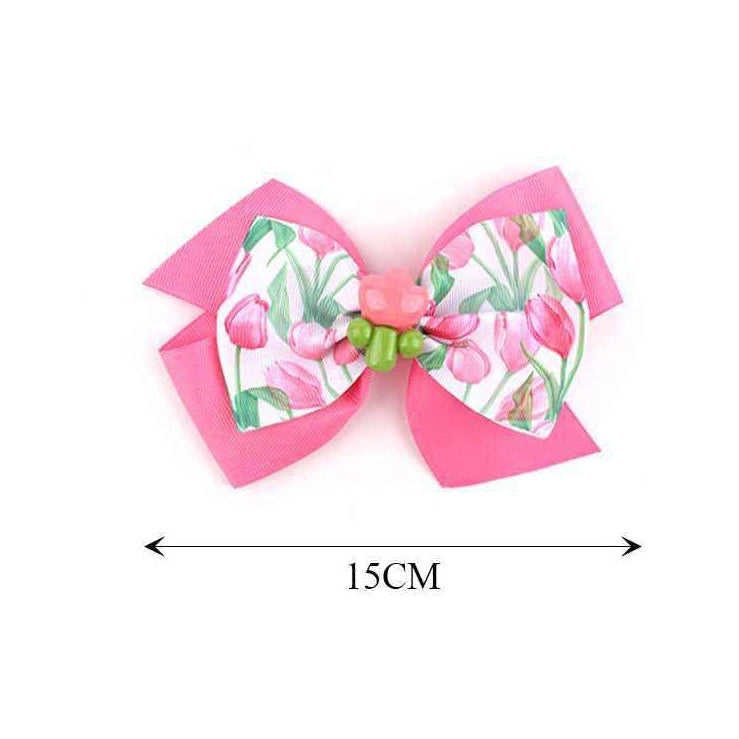 Floral Tulip Hair Bows Set for Girls – 15cm Large Spring Grosgrain Ribbon Hair Clips with Beaded Charm Centers (Style MKC-5074) (MKC-5074)