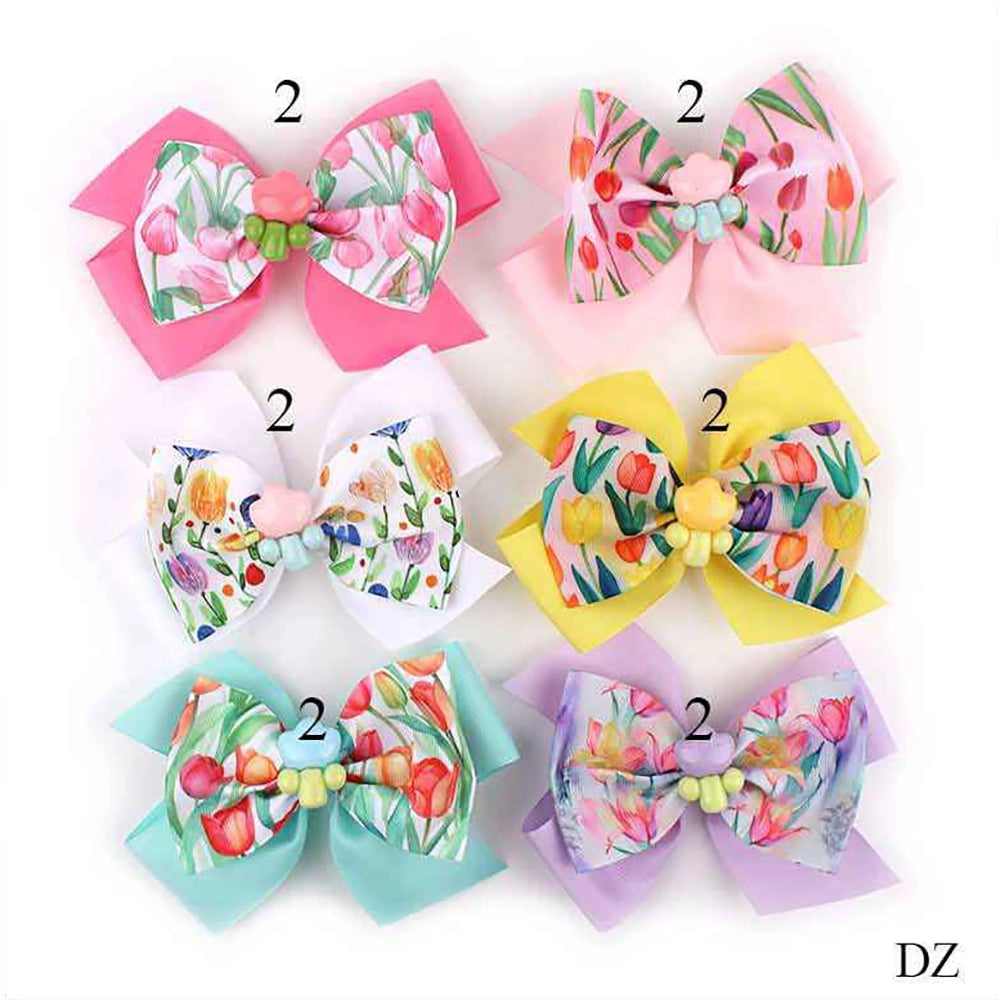 Floral Tulip Hair Bows Set for Girls – 15cm Large Spring Grosgrain Ribbon Hair Clips with Beaded Charm Centers (Style MKC-5074) (MKC-5074)