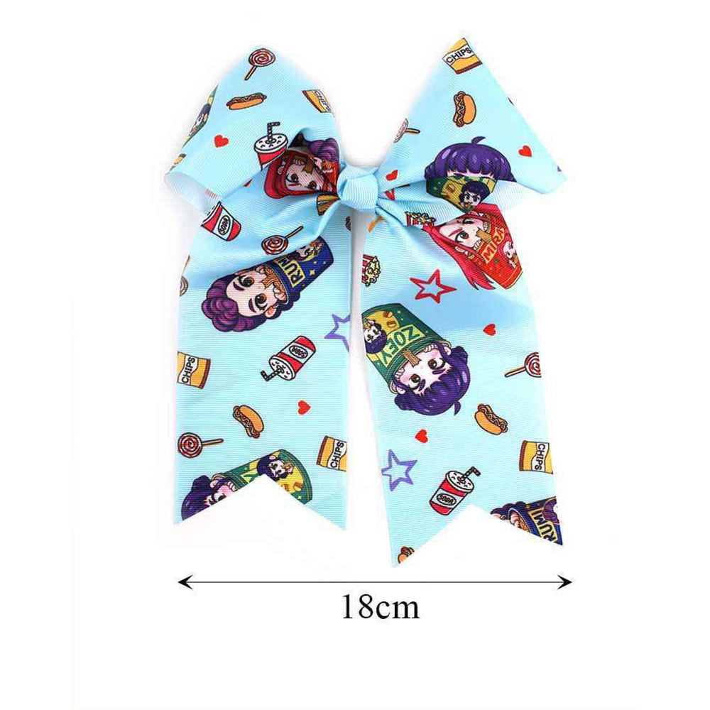 Large Light Blue Cheer Bow with Fun Snack & Character Print – 7-Inch Hair Clip (MKC-5083)