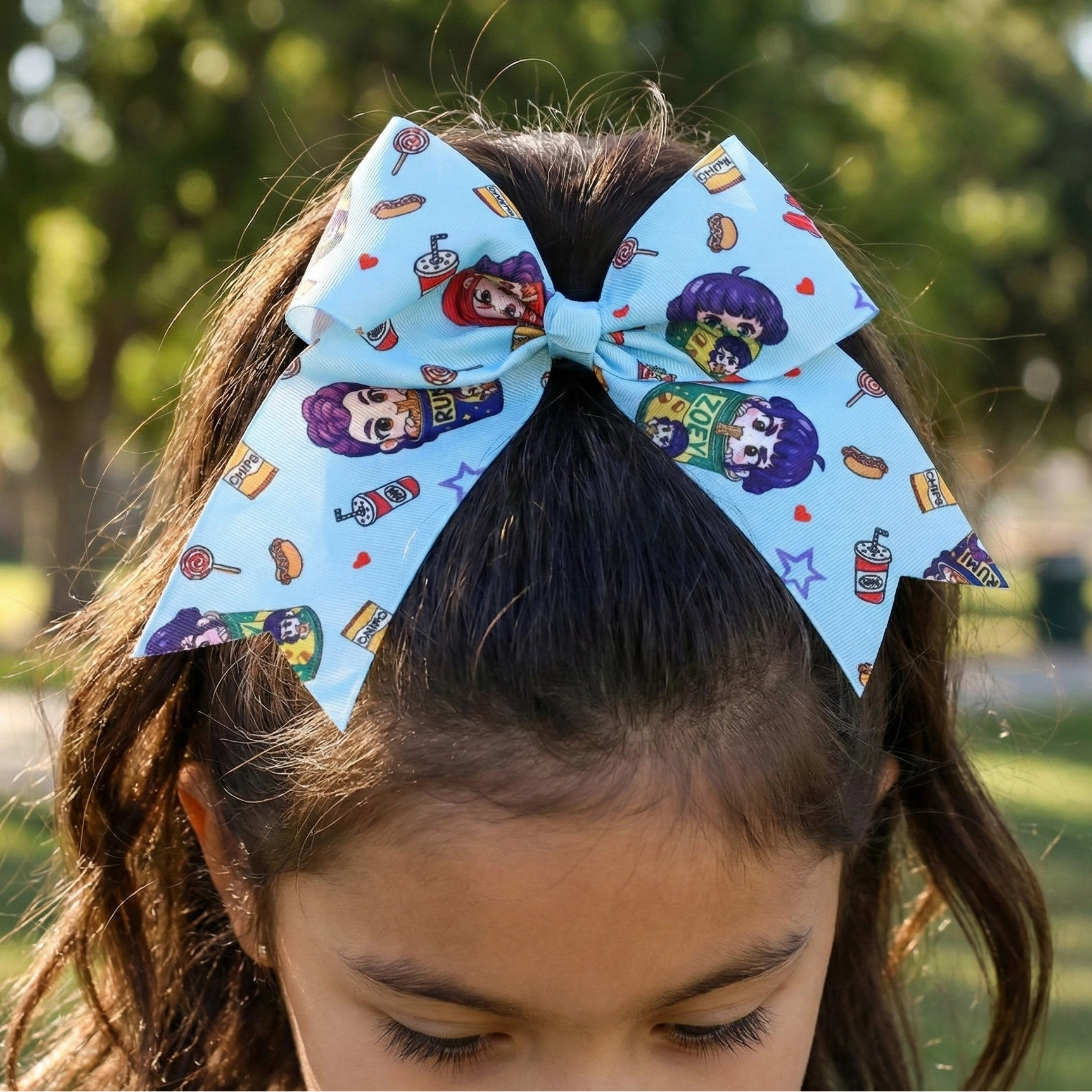 Large Light Blue Cheer Bow with Fun Snack & Character Print – 7-Inch Hair Clip (MKC-5083)