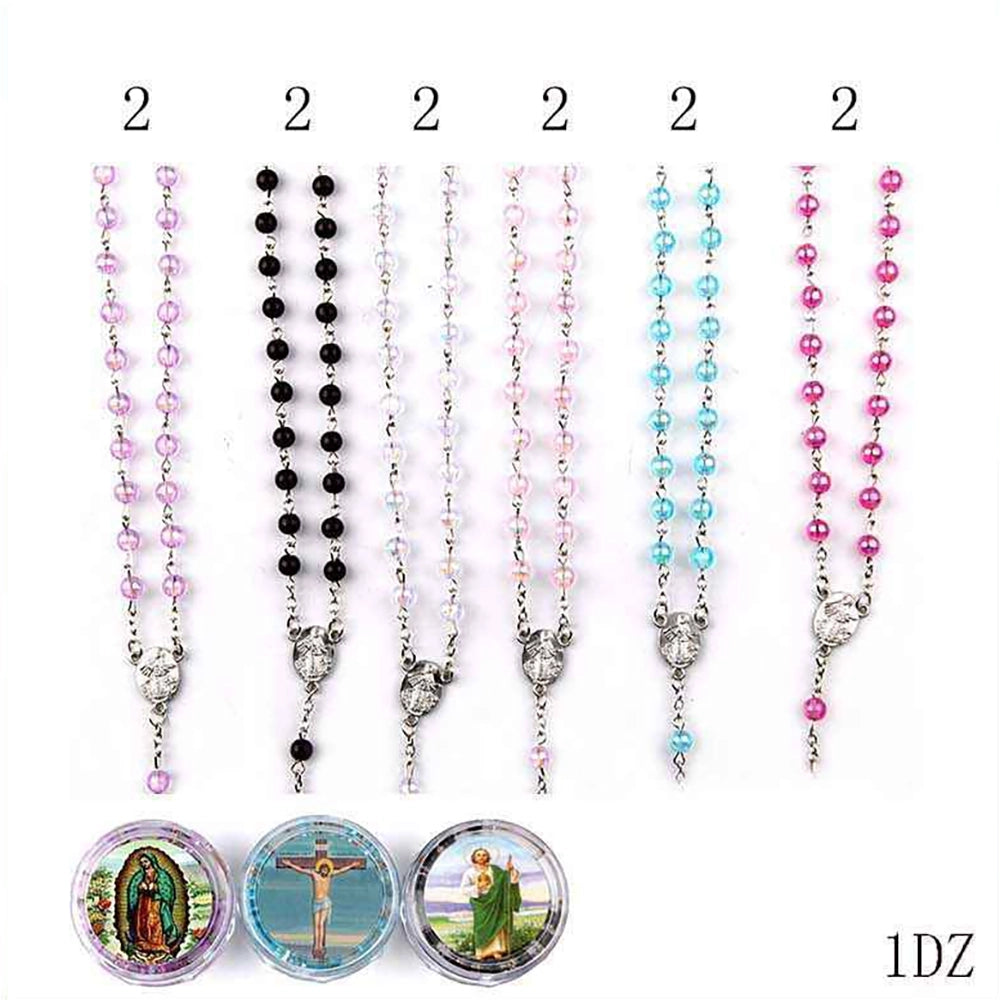 12-Piece Assorted Color Catholic Rosary Necklace Set with Carrying Cases | Silver Crucifix & Centerpiece Beads (MNK-2314)