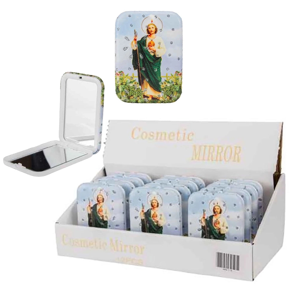 Saint Jude Pocket Cosmetic Mirror Set - Portable Rectangular Compact Mirror with Rhinestone Accents (12 Pack Box) (MR10)