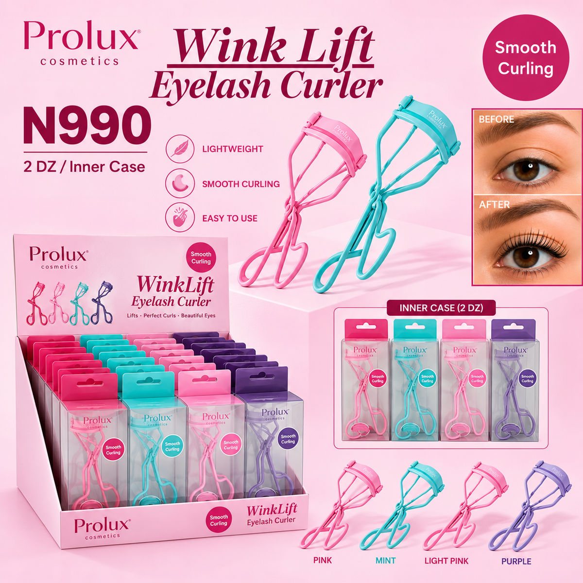 Prolux Wink Lift Eyelash Curler Display Set – 24 Pcs (4 Pastel Color Assortment)