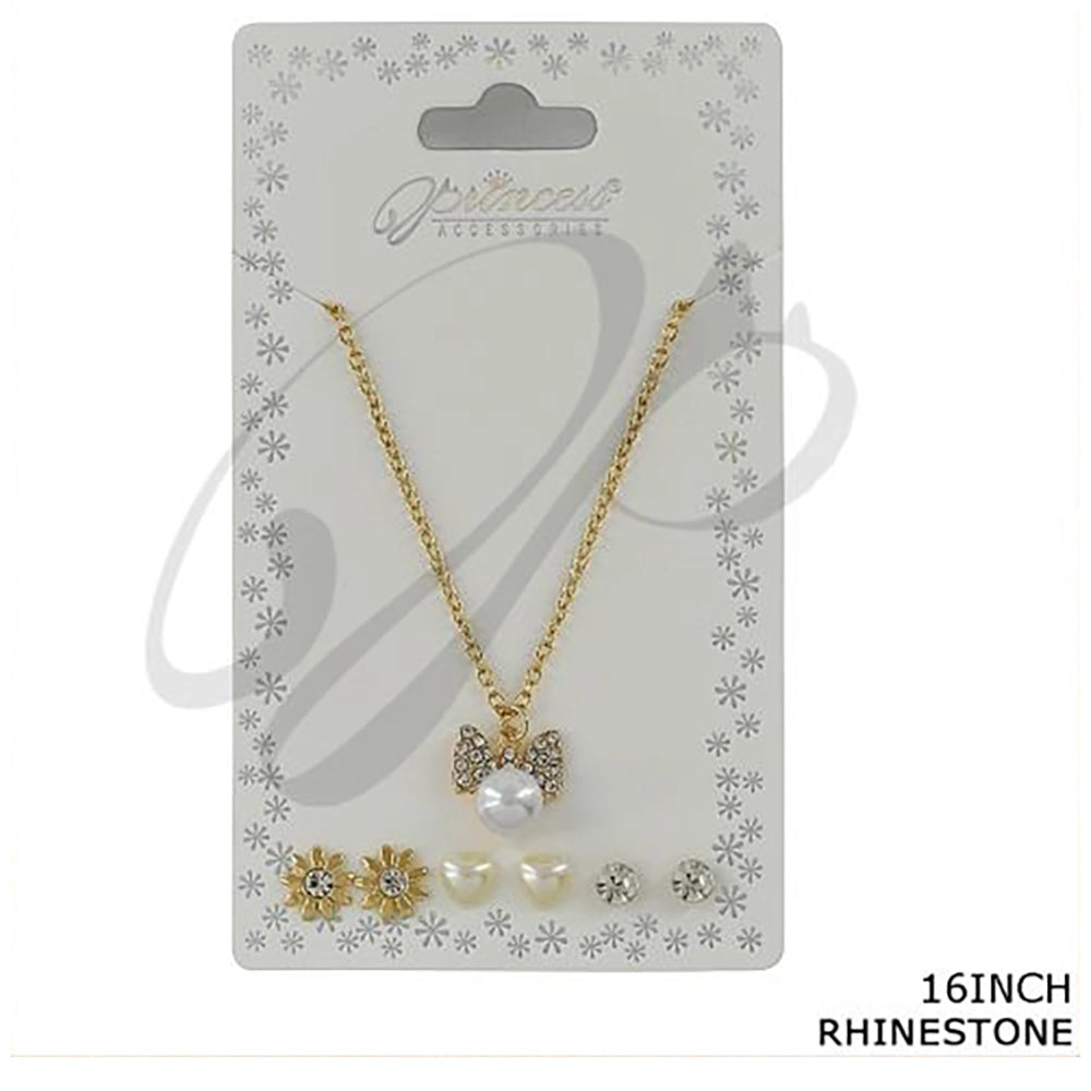 Rhinestone Bow & Pearl Jewelry Set (NCM-1059GS)