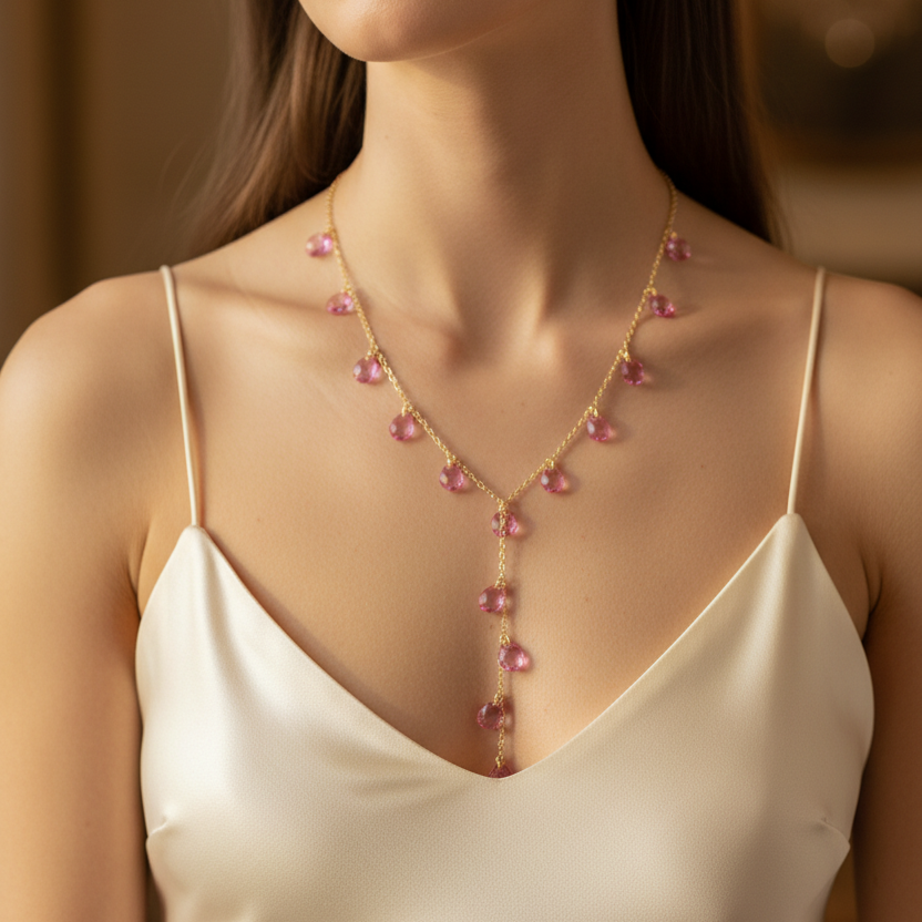 Here is an SEO-optGold Y-Necklace with Colorful Teardrop Crystal Beads – 16-Inch Delicate Lariat Dangle Necklace for Women (Pink, Red, Blue, Green, Clear) (NCS-3301GS)