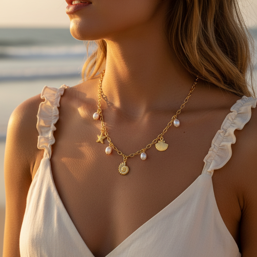 18inch Ocean Charm Link Necklace – Gold and Silver Tone Beach Theme Jewelry Set with Starfish, Scallop, and Nautilus Shell Charms with Faux Pearls (NCS-3315S)