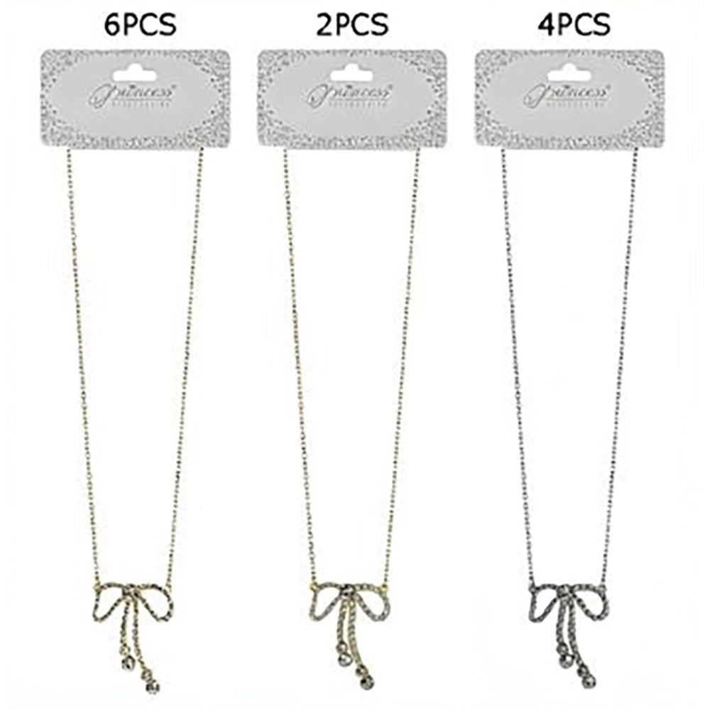 Dainty Rhinestone Bow Pendant Necklace Set – 17-Inch Chain Sparkling Ribbon Statement Jewelry for Women, Pack of 12 (NCS-35012GS)