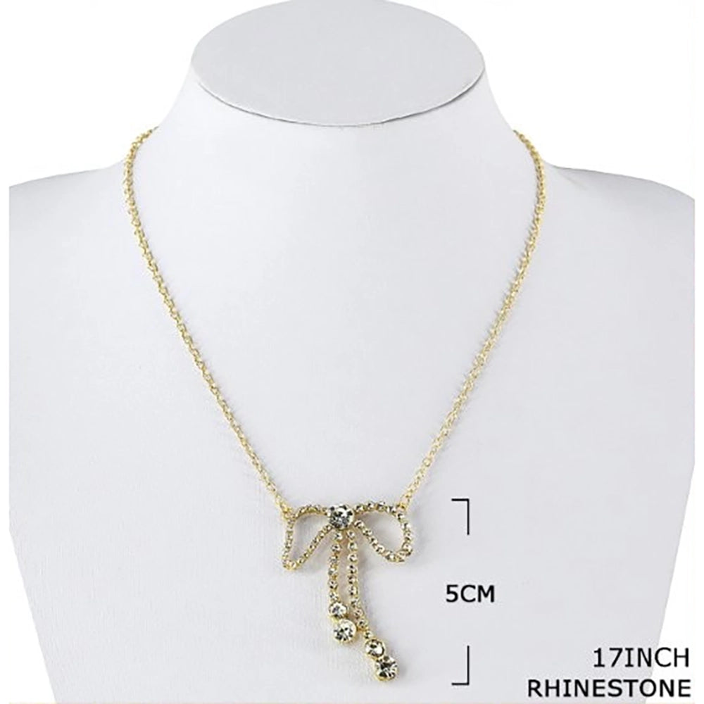 Dainty Rhinestone Bow Pendant Necklace Set – 17-Inch Chain Sparkling Ribbon Statement Jewelry for Women, Pack of 12 (NCS-35012GS)