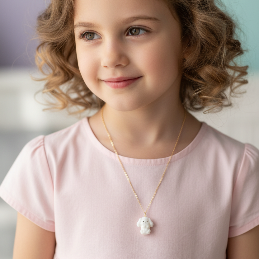 Charming Fluffy White Puppy Pendant Necklace - Kids’ Gold-Tone Jewelry (NKK1391)