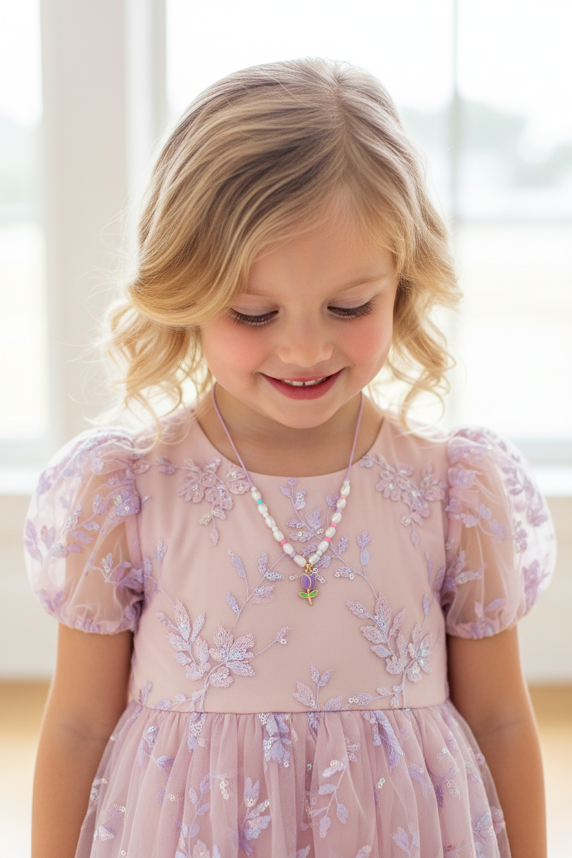 Tulip Pendant Pearl & Bead String Necklace for Kids (NKK1397)