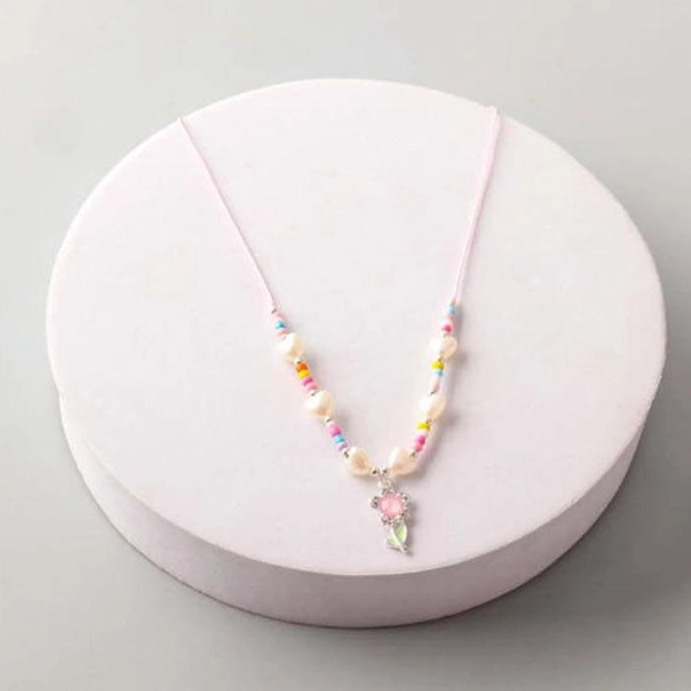 Kids Beaded Flower Necklace – Pastel Pearl & Rainbow Seed Bead Jewelry for Children (NKK1400)