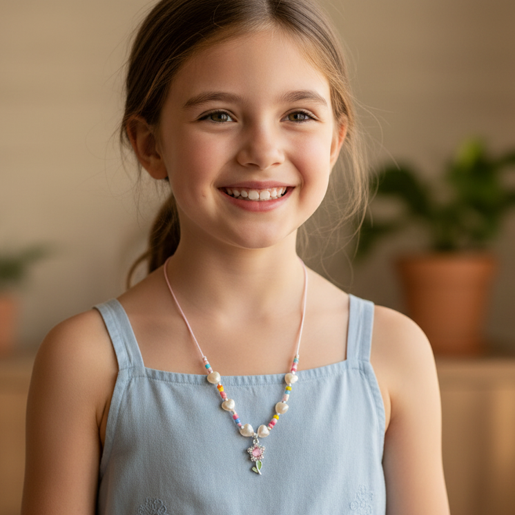 Kids Beaded Flower Necklace – Pastel Pearl & Rainbow Seed Bead Jewelry for Children (NKK1400)