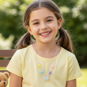 Kids Pastel Butterfly Necklace for Girls – Colorful Heart Beaded Pendant Jewelry – Cute Toddler & Child Accessory – Pink Cord (Style NKK373)