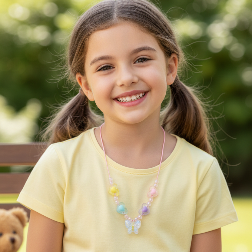Kids Pastel Butterfly Necklace for Girls – Colorful Heart Beaded Pendant Jewelry – Cute Toddler & Child Accessory – Pink Cord (Style NKK373)