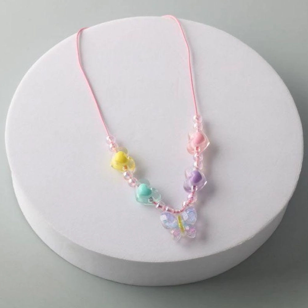 Kids Pastel Butterfly Necklace for Girls – Colorful Heart Beaded Pendant Jewelry – Cute Toddler & Child Accessory – Pink Cord (Style NKK373)